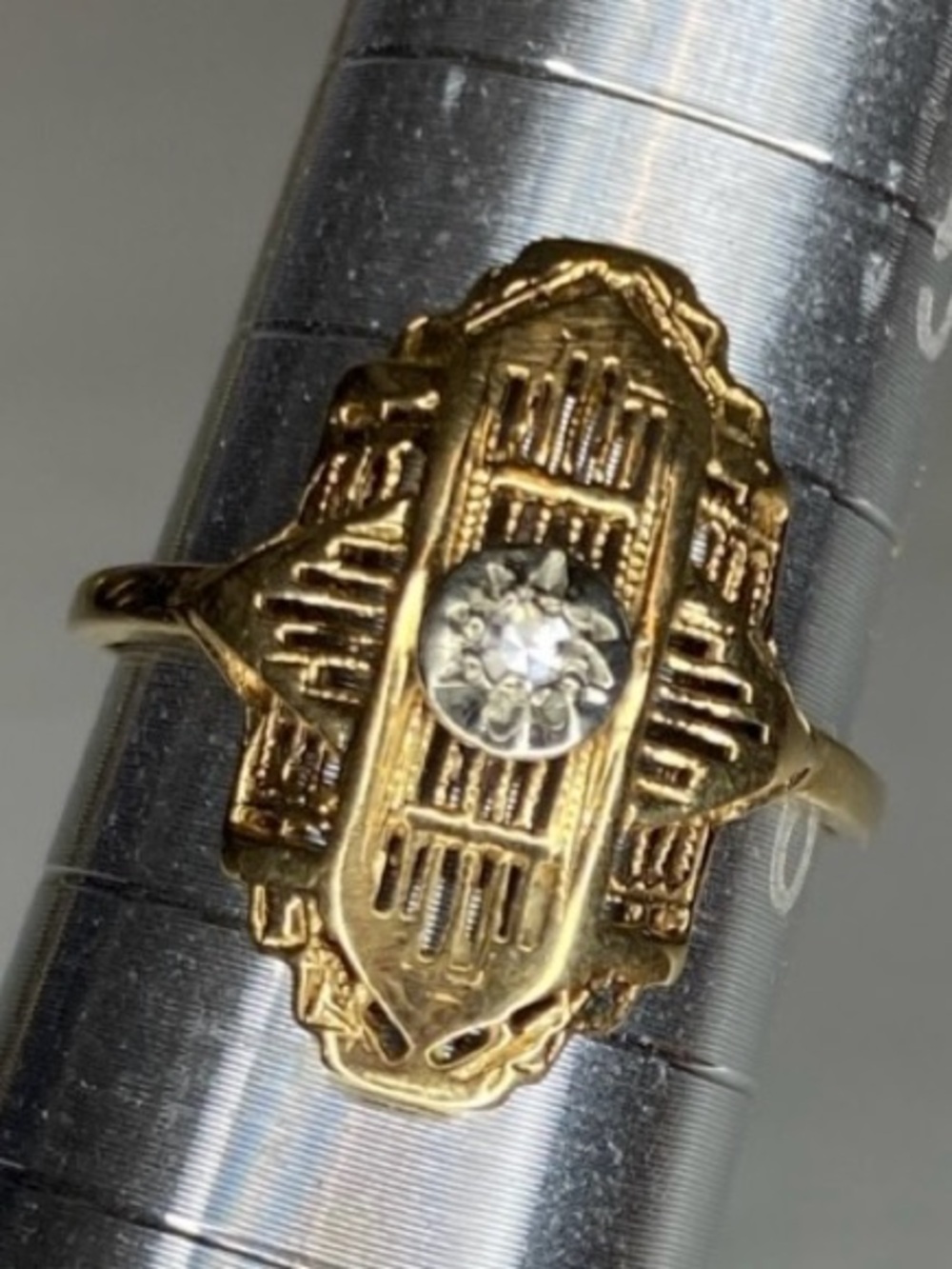 Antique Art Deco Truebrite 10k Yellow Gold Single Diamond Filigree Ring Size 6